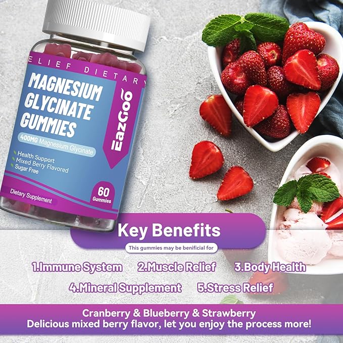 Magnesium Glycinate Gummies 400mg with L-Threonine 200mg - Sugar-Free Magnesium Potassium Supplement with Vitamin D, B6, CoQ10 for Muscle - 60 Mixed Berry Flavored Gummies