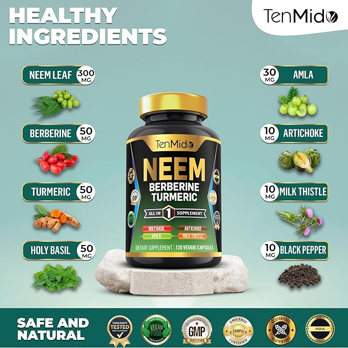 Neem Leaf Supplement - 8in1 Formula - Combine with Berberine, Turmeric, Holy Basil, Amla, Artichoke, Milk Thistle, and Black Pepper - Immune Support - 120 Capsules for 4 Months Supply