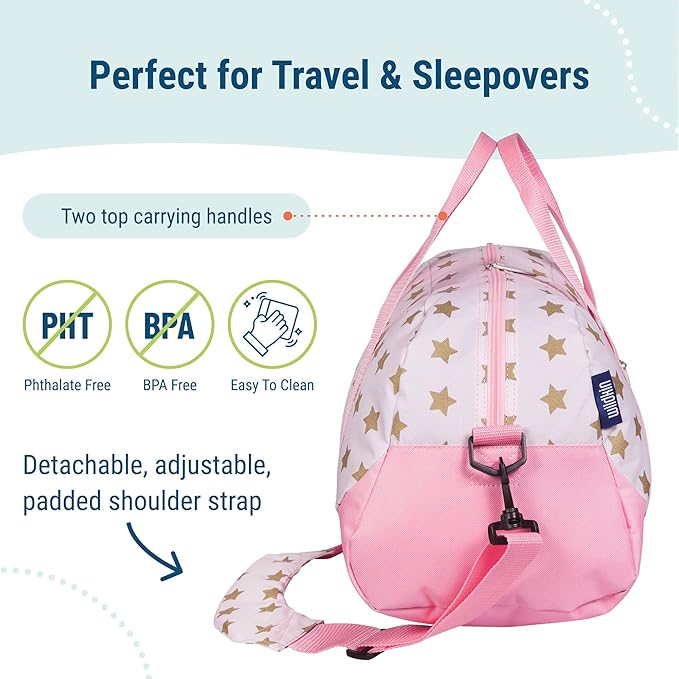 Wildkin Kids Overnighter Duffel Bag – Carry-On Size, Ideal for School & Sleepovers – Pink and Gold Stars