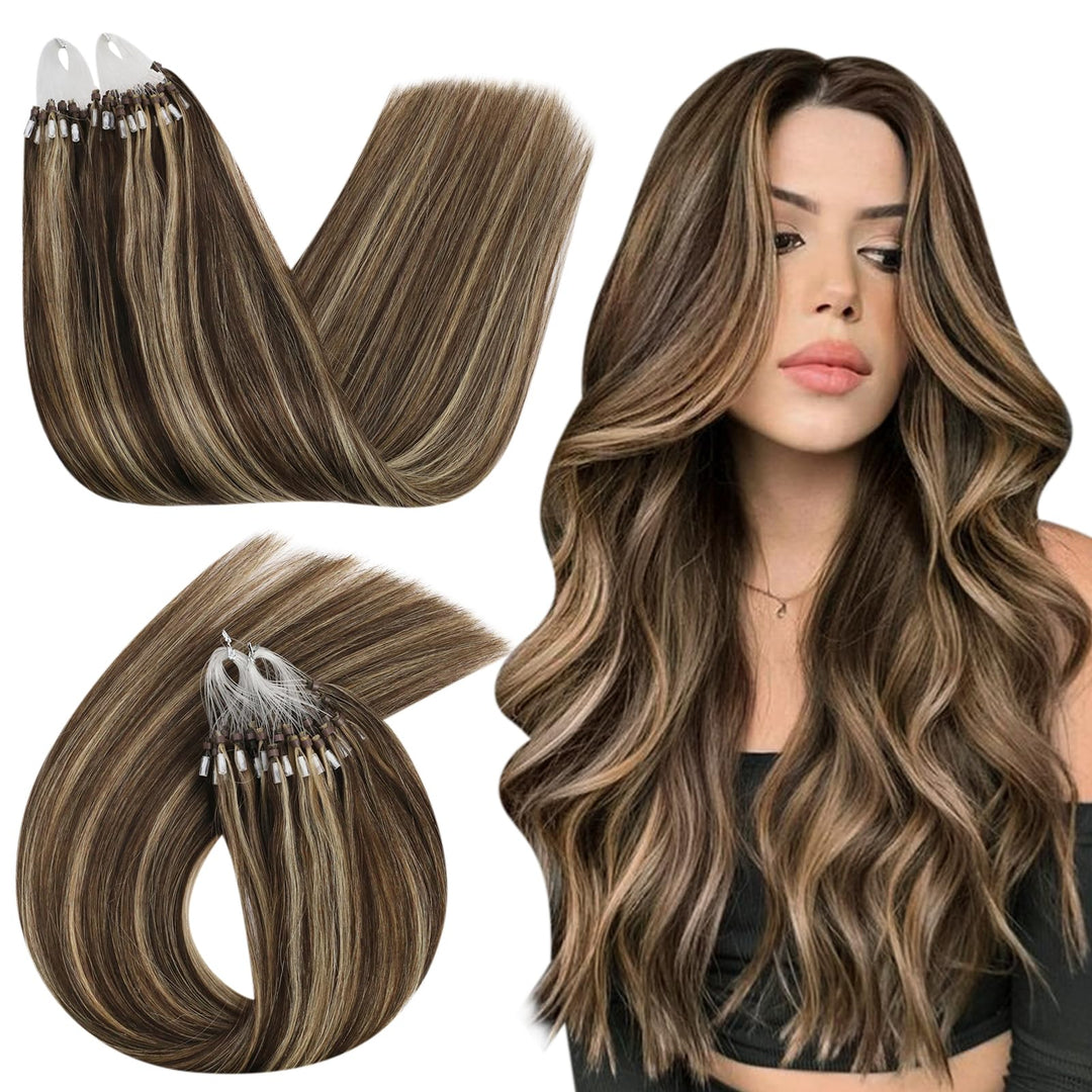 Ugeat Micro Link Human Hair Extensions Micro Loop Extensions Dark Brown Highlight Caramel Brown Cold Fusion Micro Ring Hair Extensions Brown Highlight Microlink Remy Hair Extensions 14 Inch 50s