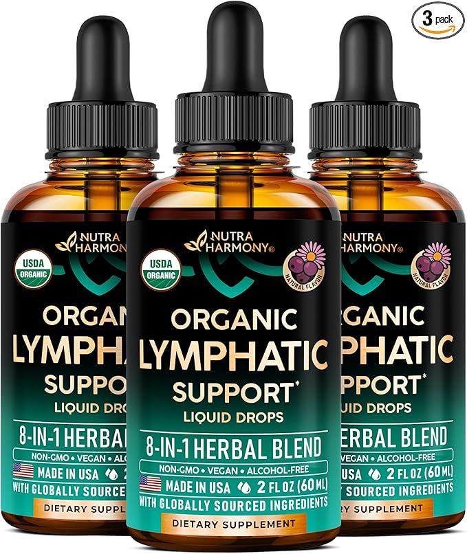 USDA Organic Lymphatic Drainage Supplement - Echinacea | Elderberry | Dandelion | Rosehip | Cleavers | Calendula | Burdock - Made in USA - Lymph System Drops - Immune Support, Cleanse & Detox, 3 Pack