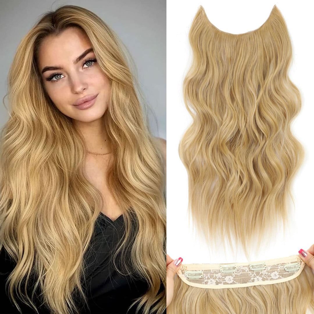 BUPPLER Halo Hair Extensions 20 Inch Invisible Wire Hair Extensions Adjustable Long Wavy Hairpiece Synthetic Upgrade 4 Secure Clips in Hairpieces 20 Inch,Light Golden Brown