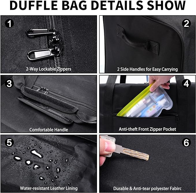 52 Inch Large Duffle Bag for Travel Camping Sport Equipment Storage Bag with 2-way Lockable Zippers (Black)