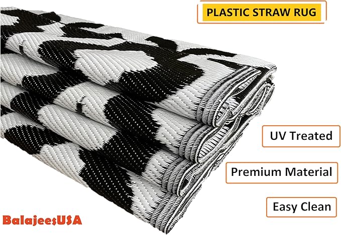 BalajeesUSA rv mats Outdoor Rug – 9x12, Black Reversible Recycled Plastic Straw Outdoor Patio Rugs Clearance Waterproof Large RV Camper Mats 514