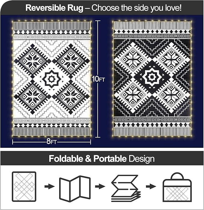 8x10ft Waterproof Outdoor Rug with LED Lights, Boho Reversible Plastic Straw Mat for Patio RV Camping Picnic Balcony Beach Deck Indoor Outdoor Carpet, Black&White