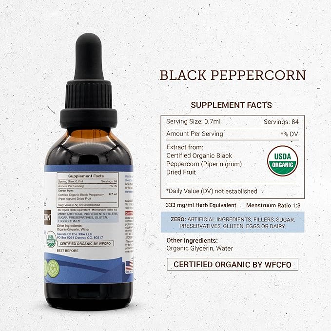 Secrets of the Tribe Black Peppercorn Alcohol-Free Liquid Extract, USDA Organic Black Peppercorn (Piper nigrum) Tincture Supplement (2 FL OZ)