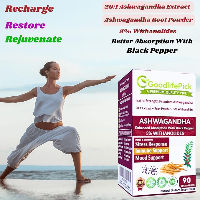 Ashwagandha Capsules with Black Pepper from Pure Ashwagandha Powder & 20:1 Ashwagandha Root Extract with Black Pepper 90 Veg Cap AllNatural NonGMO Vegan NO Rice Powder NO Gluten