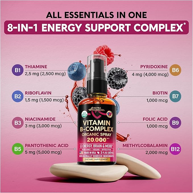 USDA Organic Vitamin B-Complex Liquid Spray 8-in-1 - B5 Pantothenic Acid | B12 Methylcobalamin | B1 Thiamine | B6 Pyridoxine | B7 Biotin | B9 Folic | B3 Niacinamide - Made in USA Supplement, 2fl oz
