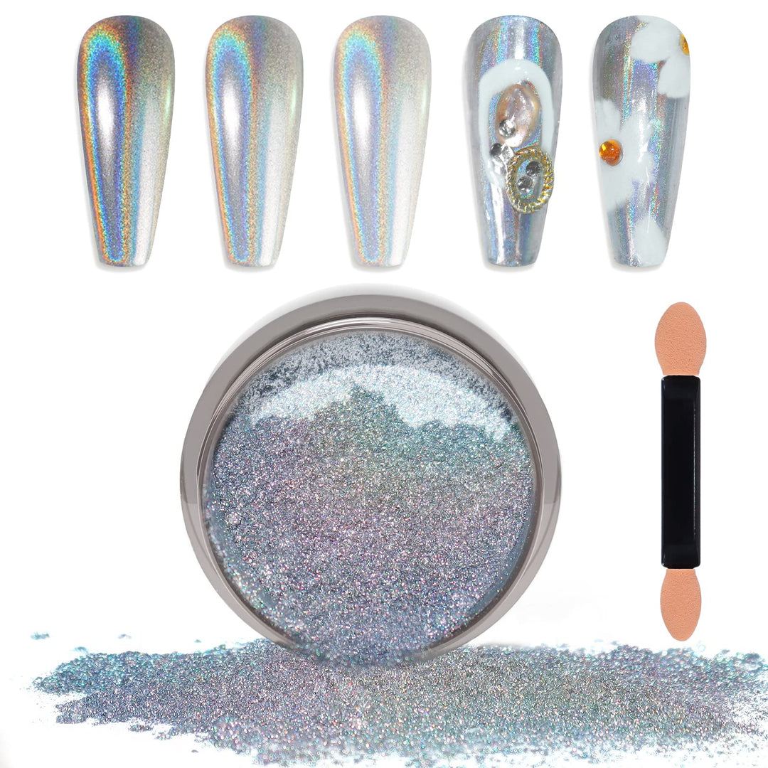 Laza Chrome Nail Powder Mirror Effect Metallic Dust Holographic Glitter Glazed Manicure Decoration Reflective Pigment for DIY Gel Polish Nail Art, Resin Craft, Gifts - Laser Silver