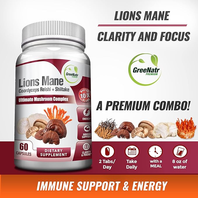 Complete Mushroom Supplement -10 in 1 Complex with Lions Mane, Cordyceps, Shiitake, Chaga, Turkey Tail for Immune Support, Memory, Focus & Natural Energy Booster - 180 Capsules (3 Bottles)
