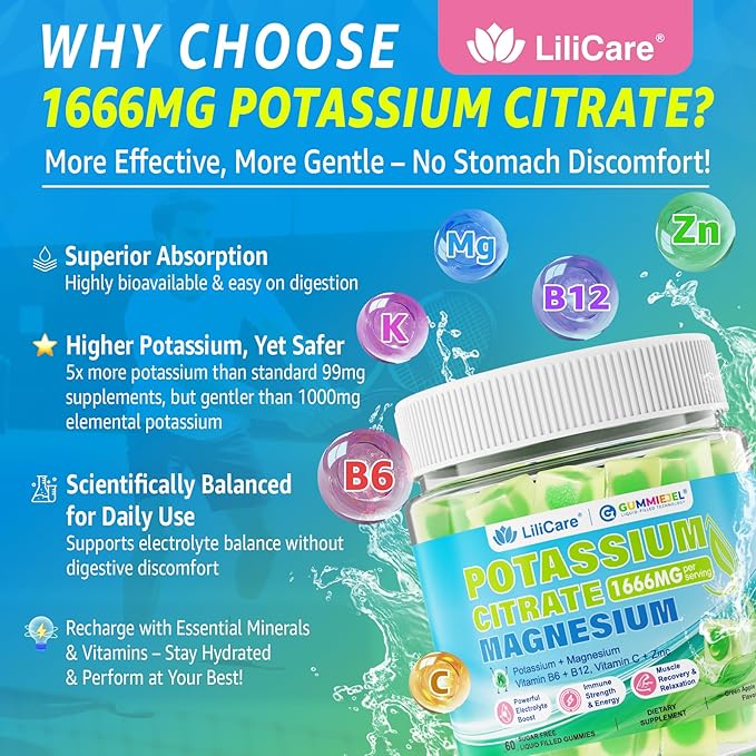 Potassium Citrate Gummies 1666mg for Adults - Potassium Supplement, Magnesium Glycinate, Zinc, B6, B12 & C – Electrolyte Gummies for Energy, Muscle Recovery & Leg Cramps, Sugar-Free, Vegan 60 Cts