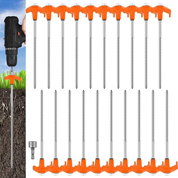 Hicarer 20 Pcs 8'' Screw in Tent Stakes Heavy Duty Ground Anchors Screw in Tent Pegs Ground Stakes Tent Spikes Metal Tent Spikes with Hex Head Driver for Camping Garden Canopies (Orange)