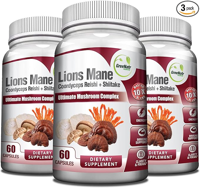 Complete Mushroom Supplement -10 in 1 Complex with Lions Mane, Cordyceps, Shiitake, Chaga, Turkey Tail for Immune Support, Memory, Focus & Natural Energy Booster - 180 Capsules (3 Bottles)