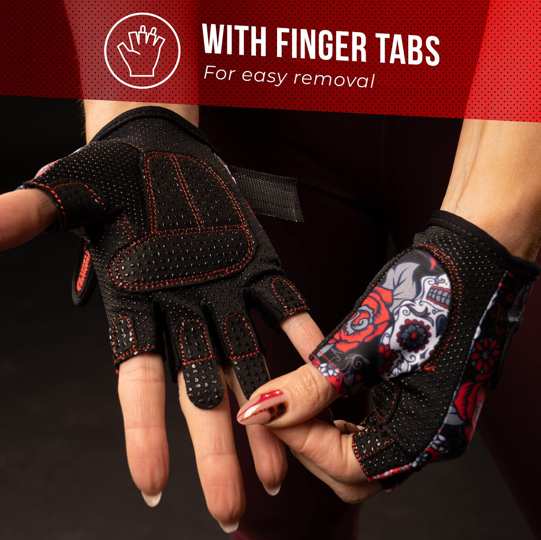 Contraband Pink Label 5237 Womens Designer Workout Gloves | Sugar Skull Print w/Grip-Lock™ Padding (Red, X-Small)