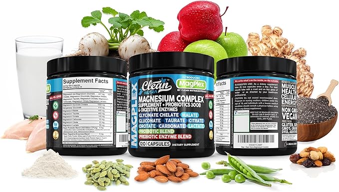 8in1 Magnesium Supplement Complex | Magnesium Glycinate Citrate Malate Gluconate Orotate Carbonate Lactate + Prebiotics Probiotics Digestive Enzymes Magnesio Capsules for Women Men by Clean Nutra