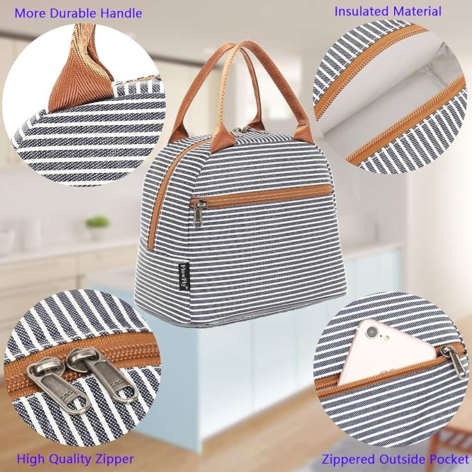 FlowFly Insulated Lunch Cooler Bag - Tote Bag Organizer for Women/Men, White & Black Stripe
