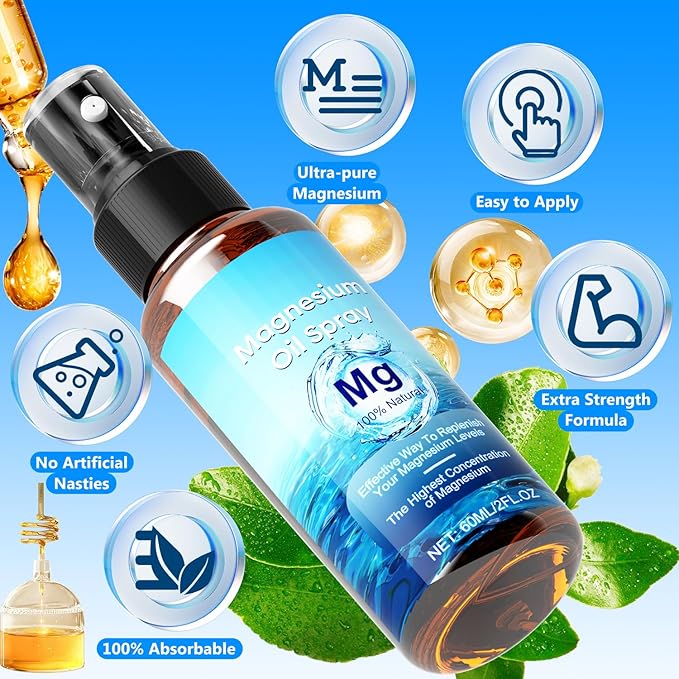 Magnesium Oil Spray, 100% Pure Natural Magnesium Oil Extra Strength, 60Ml Skin & Body Organic Magnesium Chloride Oil Spray, Liquid Magnesium Skin Spray for Feet