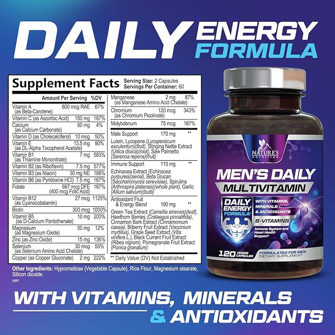 Multivitamin for Men - Mens Multivitamins for Daily Nutritional Support, Men's Multivitamin with Vitamin A, C, D, E, B12, Zinc & More, Immune Health & Energy Support Vitamins Supplement - 120 Capsules