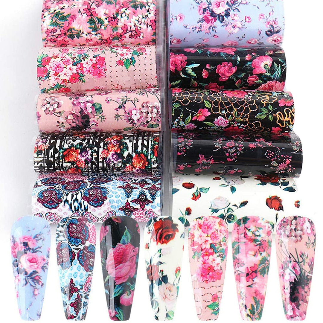 Retro Flower Nail Art Foil Transfer Stickers, Nail Art Stickers Foil Transfers Decals Holographic Rose Flowers Starry Sky Design