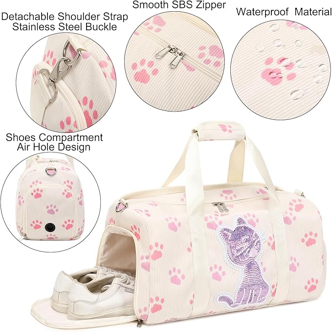 Dance Bag for Girls Sports Duffle Bag Teen Gym Bag Ballet Bag with Separate Dry Wet Pocket and Shoes Compartment Weekender Overnight Bag for Teen Girls Corduroy Sequined Cat（Cat Beige）