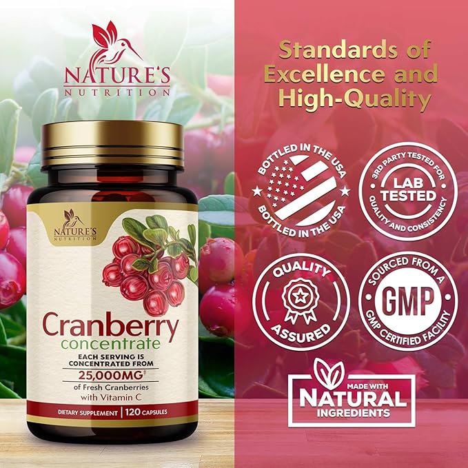 Cranberry Concentrate Extract Supplement for Women & Men + Vitamin C - 25,000mg Formula for Urinary Tract Health Support, Non-GMO and Gluten Free, Cranberry Pills Supplement - 120 Capsules