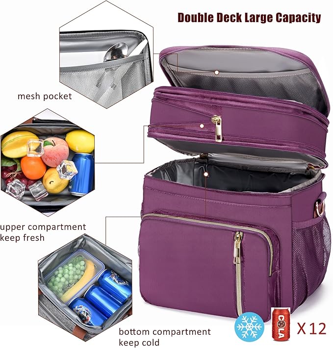 MIYCOO Lunch Bag for Women Men Double Deck Lunch Box - Leakproof Insulated Soft Large Adult Lunch Cooler Bag for Work (Purple,15L)