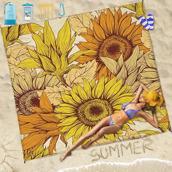 Beach Blanket Sandproof Waterproof 78''×81''1-5 Adults Oversized,Compact Lightweight Durable Beach Mat for Travel Camping Hiking Picnic Blanket