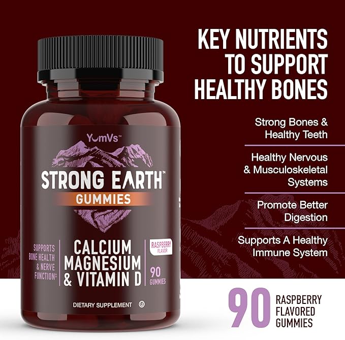 YUM-V'S Strong Earth Calcium, Magnesium, Vitamin D3 Gummies - Vitamin Gummies Calcium Supplement for Strong Bone Health Gummies - Kosher 90 Count (Pack of 2)