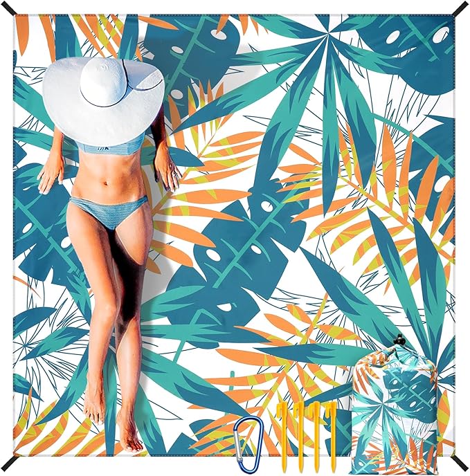 Beach Blanket Sandproof Extra Large Beach Mat Adults Waterproof Quick Drying Sand Free Mat Made by Premium Polyester with 4 Stakes & 4 Corner Pockets for Outdoor Travel Camping Hiking