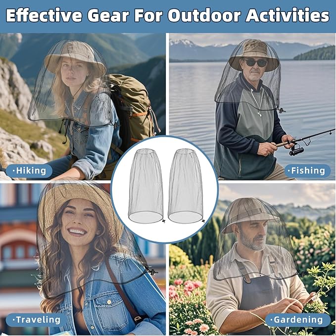 2 Pack Ultra Large Mosquito Net 42x25 Inches Mosquito Head Net Oversized Insect Netting Bug Fits Most Hats for Gardening Hiking Fishing Traveling(Gray)