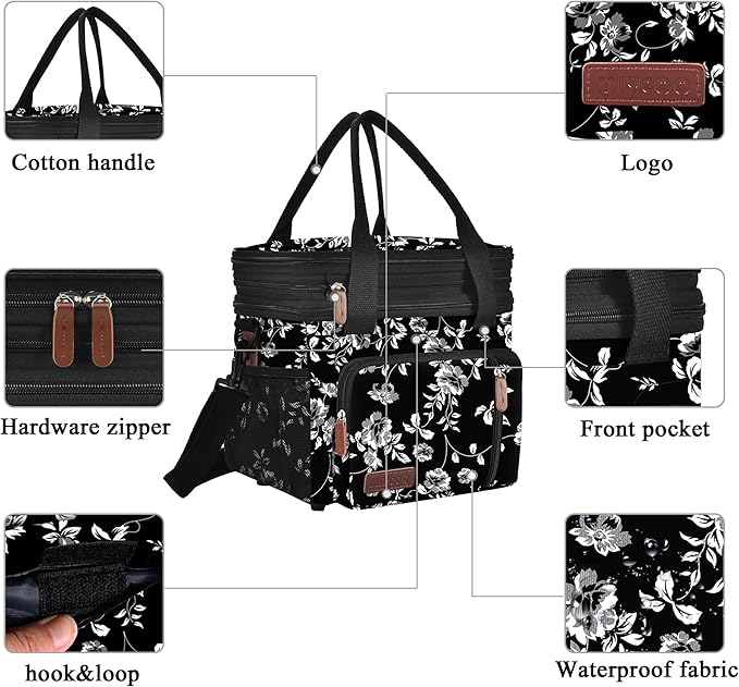 MIYCOO Lunch Bag for Women Men Double Deck Lunch Box - Leakproof Insulated Soft Large Lunch Cooler Bag, (White Flower,15L)