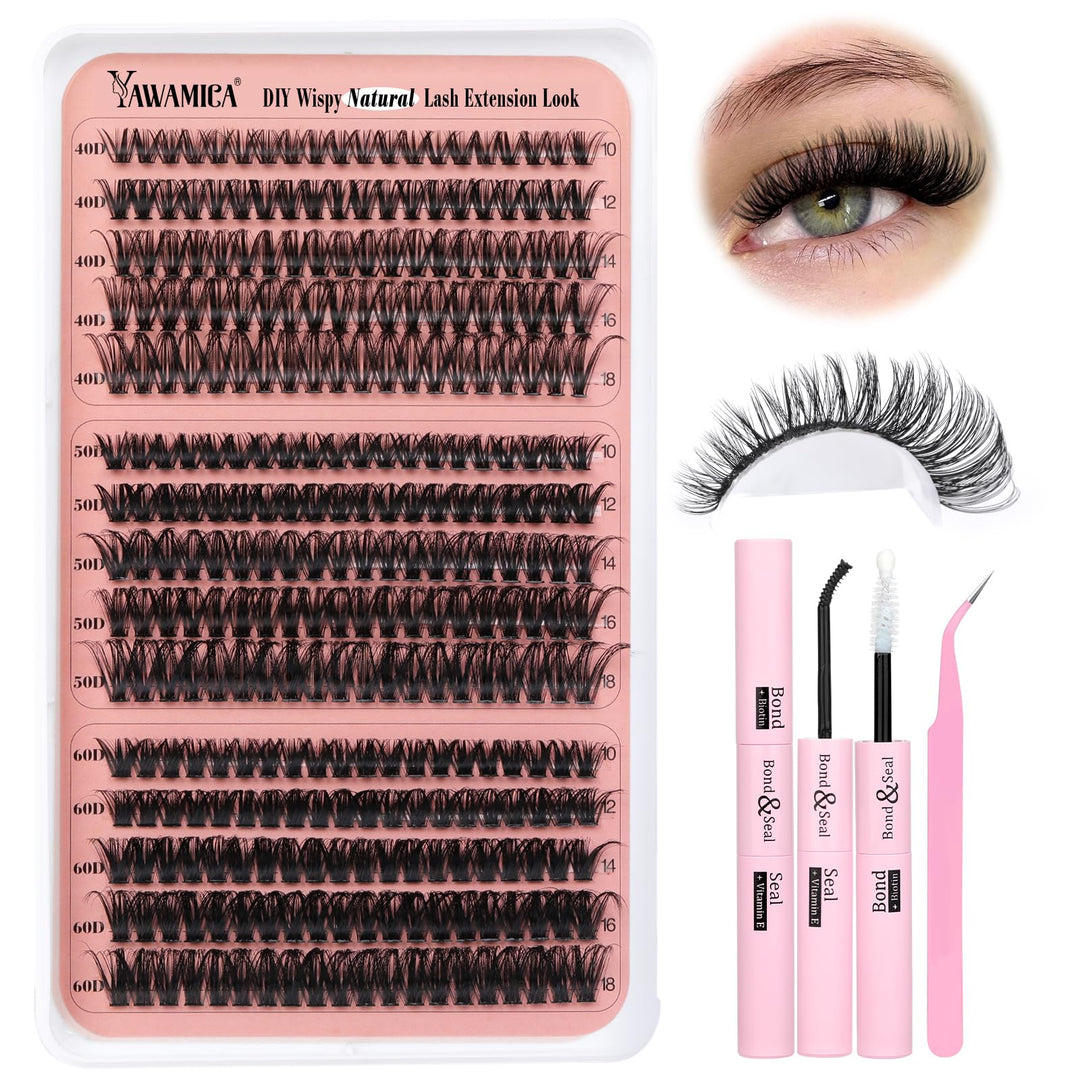 Yawamica Lash Extension Kit Wispy Volume Lash Clusters 40D+50D+60D Individual Lashes 10-18mm Eyelash Extension Kit D Curl 300pcs Eyelash Clusters with Waterproof Lash Bond and Seal and Lash Tweezers
