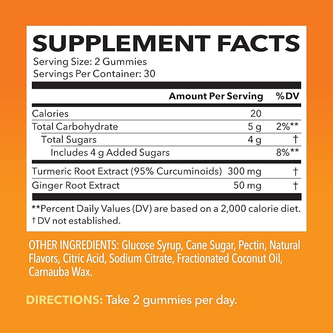 Turmeric Gummies with Ginger and 95% Curcuminoids - Digestive Health and Immune Support Supplement for Overall Wellness - 60 Count - Vegan, Non-GMO Curcumin Vitamin - Peach Flavor, 1 Month Supply