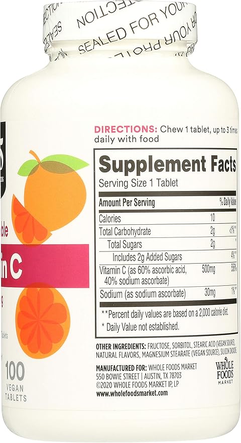 365 by Whole Foods Market, Vitamin C Chewable 500Mg, 100 Tablets (Pack of 2)