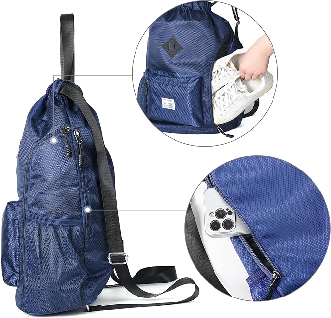 ALUSBELL Large Drawstring Backpack Bag, Sports Gym Bag String Sackpack with Shoes Compartment, Waterproof String Bag Cinch for Women Men(Navy Blue)