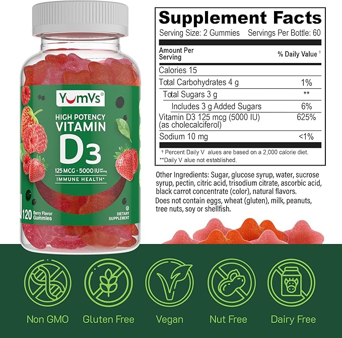 YumVs High Potency Vitamin D3 Gummies 5000 IU 125 mcg - Berry Flavor - Vegetarian Kosher Halal Gluten Free - Vitamin D Gummies for Adults - Vit D Vitamin D 5000 IU Gummy for Men and Women (120 Count)