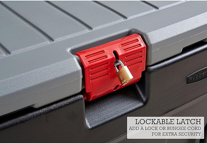 Rubbermaid ActionPacker 35 Gallon, Made in USA, Lockable Plastic Storage Bin with Lid and Wheels- Outdoor, Industrial, Rugged, Camping Gear and Truck Bed Storage - Gray and Black