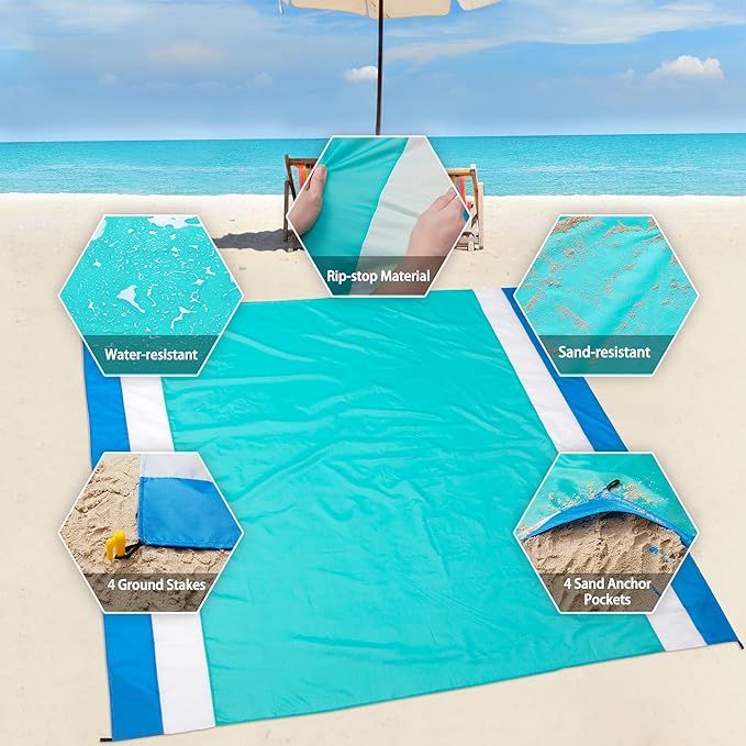 Beach Blanket Waterproof Sandproof Beach Mat 79" X 83" /10'x9'for 2-8 Adults Quick Drying Outdoor Picnic Mat Beach Accessories for Travel, Camping, Hiking