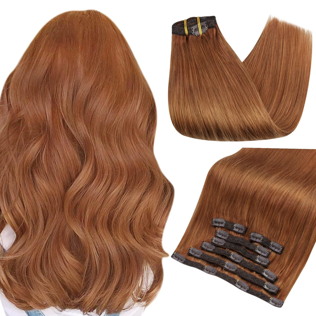 Full Shine Copper Brown Real Hair Extensions Clip in Human Hair Short Human Hair Extensions Clip ins for Women Copper Brown Invisible Clip on Hair Extension Triple Weft 10 Inch 7 Pcs