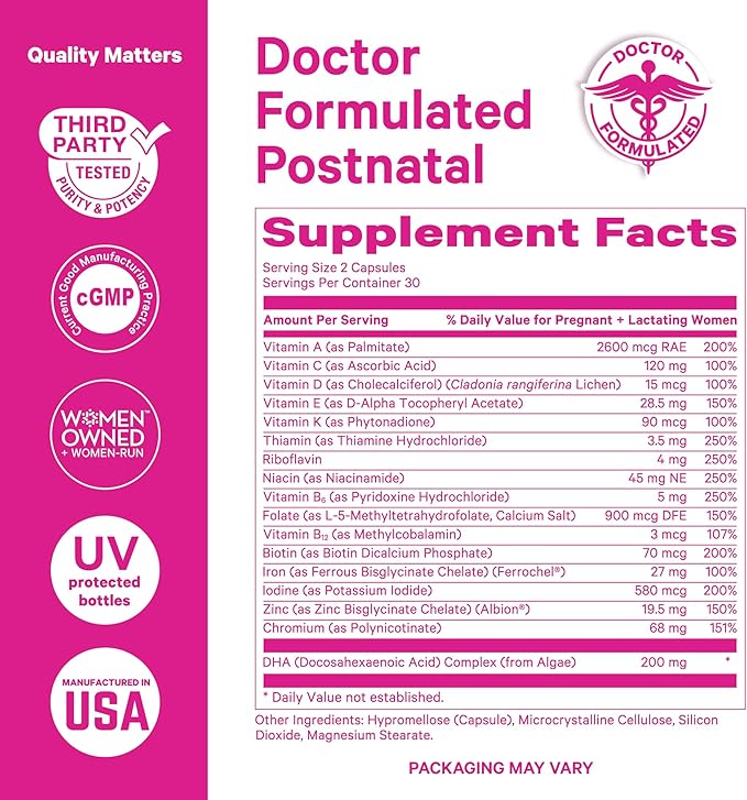 Pink Stork Total Postnatal Vitamins for Women with Vegan DHA, Iron, Folate, and Vitamin B12, Postpartum Recovery Essentials, Daily Supplement for Breastfeeding Moms - 1 Month Supply