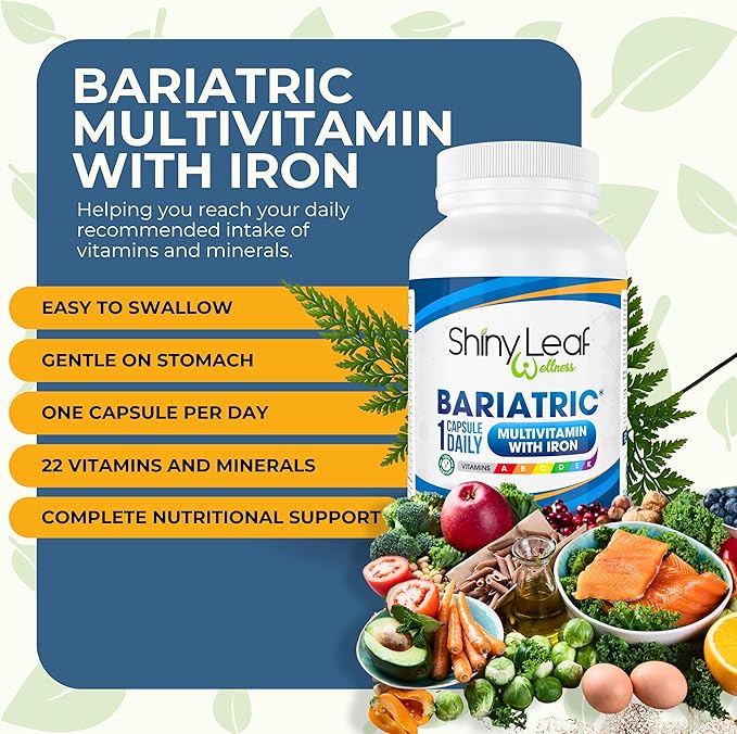 Shiny Leaf Bariatric Multivitamin with Iron - 45 mg for Gastric Bypass, Sleeve Gastrectomy, Roux-en-Y, Duodenal Switch - 22 Vitamins & Minerals, ASMBS Compliant, Vegetarian, Made in USA, GMP, 90 Ct.