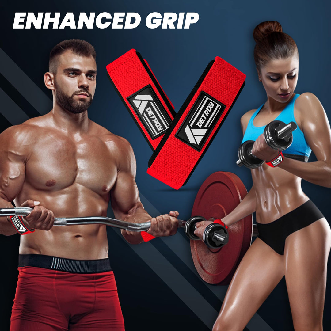 Detroy® Lifting Wrist Straps for Weightlifting, Deadlifts, Bodybuilding, Powerlifting, Gym Strength Training Workouts - Padded Neoprene with 24 inch Webbing Cotton with Silicone Grip for Men & Women (Red)