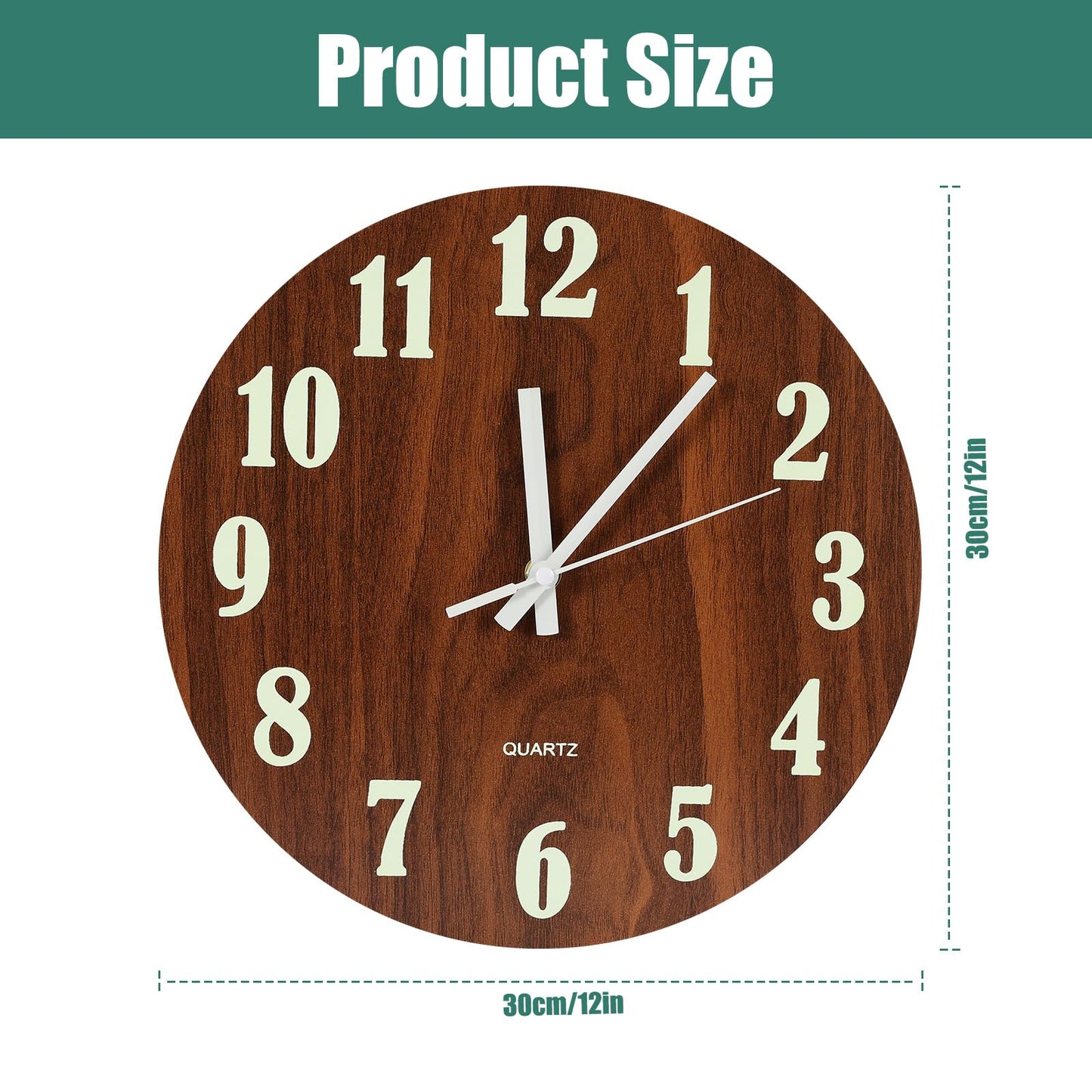 BTBHIHO 12''Luminous Wall Clock, Wooden Silent Wall Clocks Non Ticking, Battery Operated Glow in The Dark Clock, Home Wall Watch for Living Room Kitchen Decoration Bedroom Study Office