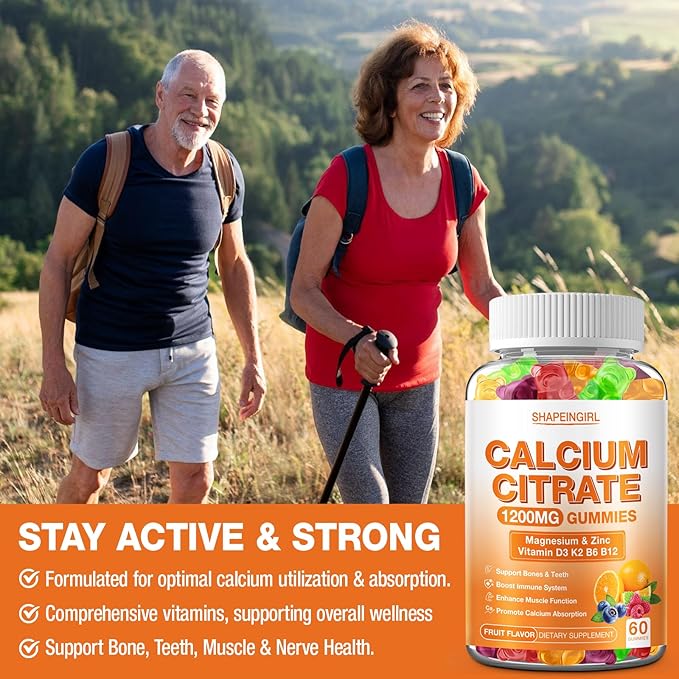 1200mg Calcium Citrate with Vitamin D3, K2, B6 & B12, Calcium Supplements for Women & Men, Plus Magnesium Zinc for Bones, Muscle & Immune Support, High Absorption Fruit Flavor 120 Calcium Gummies