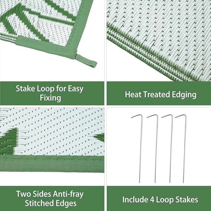 Anidaroel Leaf Outdoor Rugs 8x10ft for Patios Clearance Waterproof, Reversible Tropical Plastic Straw Camping Mat Outside Area Rug for RV, Backyard, Deck, Balcony, Picnic, Beach(Green,8'x10')