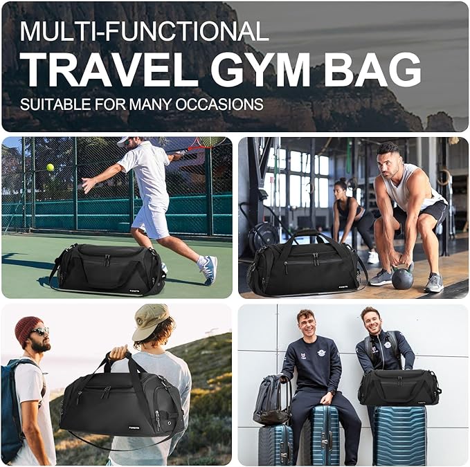 FIORETTO 43L Mens Sports Gym Bag with Wet Pocket & Shoe Compartment, Travel Duffle Bag Overnight Bag with Padded Shoulder Strap, Holdall for Swimming, Basketball, Football Black