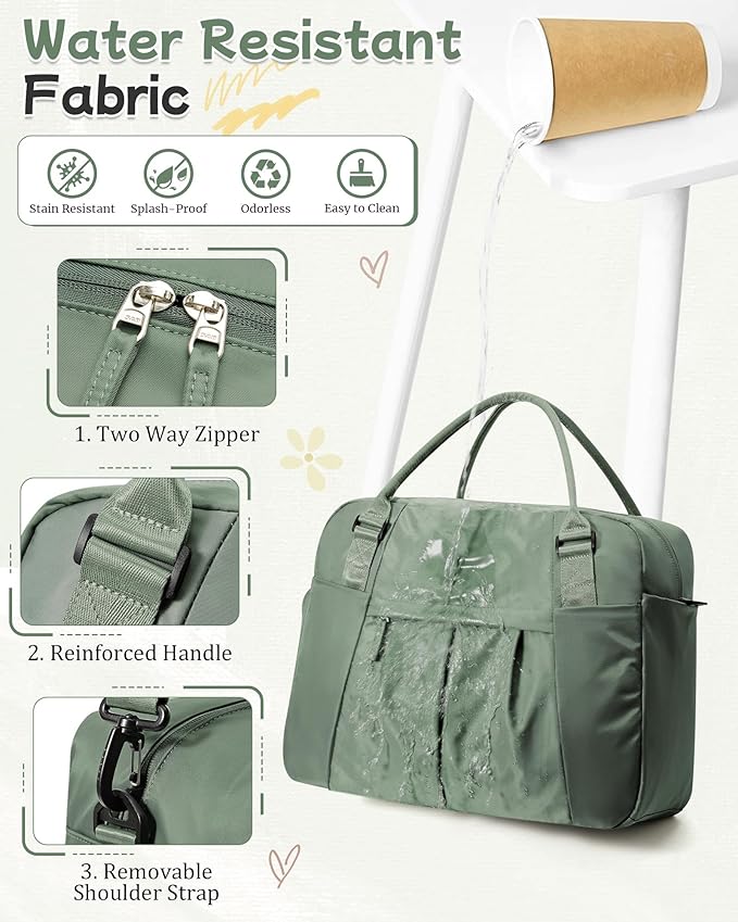 Travel Duffel Bag with Shoe Compartment, Large Weekender Bags for Women with Trolley Sleeve for Airplane, Waterproof Carry on Bag Sport Tote Bags Hospital Holdalls, Green