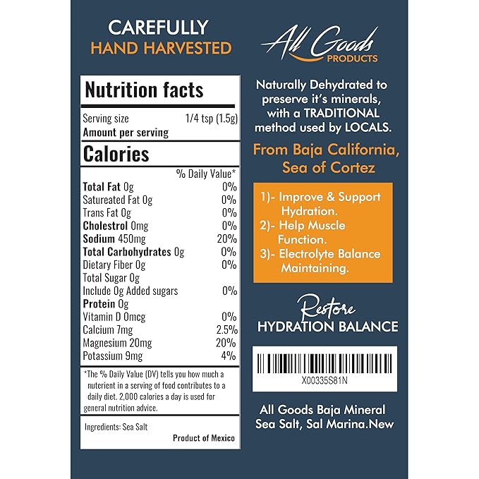 All Goods Products Baja Mineral Coarse Grain Sea Salt, 16 oz Natural Salt from Mexico, Unrefined, Hand-Harvested, Loaded with 90+ Essential Minerals, Kosher, 30% Low Sodium.
