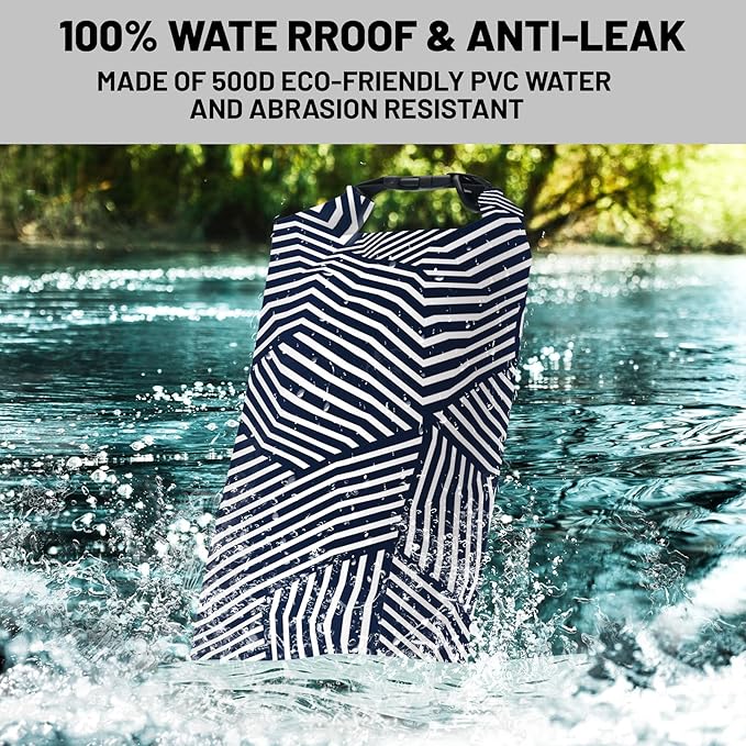 Waterproof Dry Bag,Roll Top Navy and White Geometric Small Waterproof Backpack 5L/10L/20L Floating and Lightweight Bags for Kayaking, Boating, Fishing, Swimming and Camping