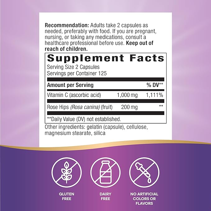 Nature's Way Vitamin C with Rose Hips, Antioxidant & Immune Function Support from vitamin C*, Promotes Collagen for Healthy Skin*, 1,000 mg per 2-Capsule Serving, 500 Capsules (Packaging May Vary)